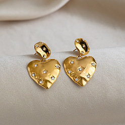 Real 18K Gold Plated 304 Stainless Steel Rhinestone Stud Earrings for Women, Heart, Real 18K Gold Plated, 40x24.5mm