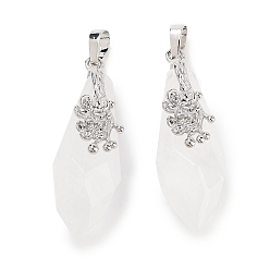 Хрусталь Подвески в форме слезинок с натуральным кристаллом кварца и горным хрусталем, стойка с покрытием платинового тона, латунные подвески с цветами, без кадмия и без свинца, 44~45.5x14.5~15.5x16~17 мм, отверстие : 6.5x5 мм