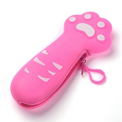 Hot Pink Silicone Pen Bag, Stationery Storage Boxes for Pens, Pencils, Cat Footprint Pattern, Hot Pink, 20.7x8.8x2.1cm