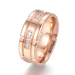Rose Gold 304 Stainless Steel Finger Rings, with Cubic Zirconia, Wide Band Rings, Rose Gold, Size 7~10, 17~20mm