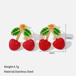 Fuego Ladrillo 304 aretes esmaltados de acero inoxidable para mujer, cereza, dorado, ladrillo refractario, 20x22 mm