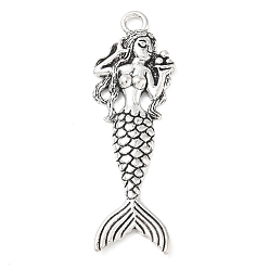 Antique Silver Tibetan Style Alloy Big Pendants, Mermaid Charms, Antique Silver, 62x19.5x3.5mm, Hole: 4mm
