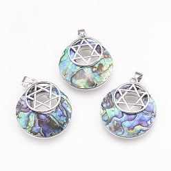 Paua Shell Natural Paua Shell Pendants, with Platinum Tone Brass Findings, for Jewish, Flat Round with Star of David, 32x28x7mm, Hole: 4x5mm