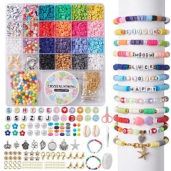 Couleur Mélangete Kit de fabrication de collier de bracelet de bricolage, y compris argile polymère, acrylique, coque naturelle et lits en plastique, Pendentifs en alliage, fleur et imitation perle et feuille et couronne et coeur, ciseaux, couleur mixte