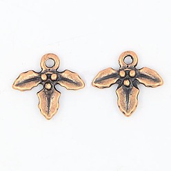 Red Copper Tibetan Style Alloy Charms, Mistletoe/Holly Leaf, Cadmium Free & Nickel Free & Lead Free, Red Copper, 14x12.5x2.5mm, Hole:2mm