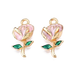 Розовый Стойки обшивки сплава эмали подвески, без кадмия, без никеля и без свинца, золотой свет, цветочный шарм, туманная роза, 18.5x9.5x5 мм, отверстие : 1.8 мм