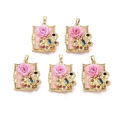 Pink Латунь эмаль подвески, прямоугольные подвески, подвески в виде цветов и бабочек, с использованием смолы и микропаве из кубического циркония, реальный 18 k позолоченный, розовые, 23.5x20.5x7.5 мм, отверстие : 5x2.5 мм