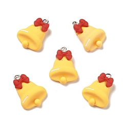 Gold Christmas Opaque Resin Pendants, with Platinum Tone Iron Loops, Bell Charm, Gold, 24x17x6.5mm, Hole: 2x2.3mm