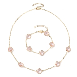 Розовый Наборы ожерелий и браслетов со стеклянными звеньями из сливового цветка, латунные цепочки для женщин ювелирные наборы, туманная роза, 7-1/8 дюйм (18 см)