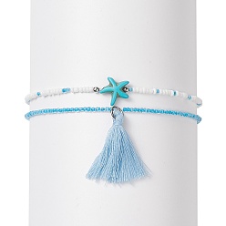 Deep Sky Blue Glass Anklets Set, with Synthetic Turquoise Starfish Beads and Tassels Pendant Decorations, Deep Sky Blue, Inner Diameter: 2-3/4 inch(7.1cm), 2pcs/set