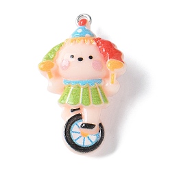 Разноцветный Подвески из непрозрачной смолы цирк, с платиновыми железными петлями, езда на велосипеде с собакой, 35.5x20.5x10.5 мм, отверстие : 2 мм