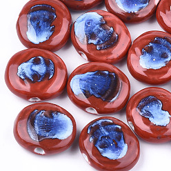Red Handmade Porcelain Beads, Fancy Antique Glazed Porcelain, Flat Round, Red, 23~24x24~27x9~10mm, Hole: 3mm