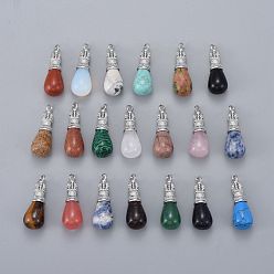Mixed Stone Natural & Synthetic Mixed Gemstone Pendants, with Platinum Plated Brass Bails, Teardrop, Mixed Dyed and Undyed, 36x13mm, Hole: 3.5mm