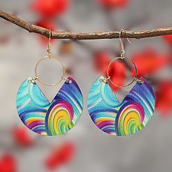 Разноцветный Серьги-подвески из латуни и окрашенного распылением дерева в богемном стиле, плоско-круглые, красочный, 71x45 мм