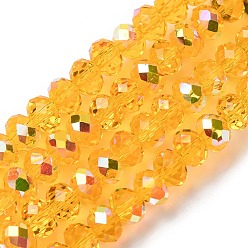 Оранжевый Гальванизируйте прозрачное стекло бисер нитей, рондель, с покрытием AB цвета, с половиным покрытием, граненые, оранжевые, 6x4 мм, отверстие : 1 мм, около 98~100 шт / нитка, 16.93~18.39'' (43~46.7 см)