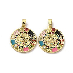 Настоящее золото 18K Латунные микро проложить кубического циркония подвески, без кадмия, без никеля и без свинца, с эмалью, плоский круглый с подвесками для глаз, реальный 18 k позолоченный, 22.5x20x3.5 мм, отверстие : 2.5x5.5 мм