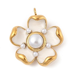 Белый 304 нержавеющей стальной эмали подвески, с бусинами из искусственного жемчуга, , реальный 18 k позолоченный, вакуумное покрытие pvd, белые, 32.5x29.5x10 мм, отверстие : 3 мм