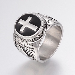 Mixed Color 304 Stainless Steel 304 Stainless Steel Finger Rings, with Enamel, Wide Band Rings, Cross, Mixed Color, 17~22mm