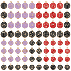 Mixed Color Alloy Enamel Pendants, Flat Round with 12 Constellations, Light Gold, Mixed Color, 22x18x2mm, Hole: 1.5mm, about 12pcs/set, 6sets/box