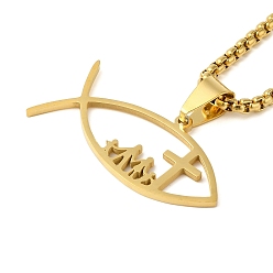 Настоящее золото 18K 201 подвеска-крест в виде рыбы-иисуса из нержавеющей стали, ожерелье из цепочки-коробки, реальный 18 k позолоченный, 23.35 дюйм (59.3 см)