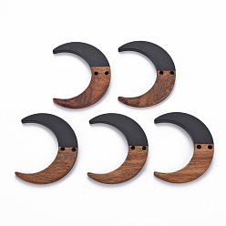 Black 2-Hole Resin & Walnut Wood Buttons, Moon, Black, 38x31x2~3mm, Hole: 2mm