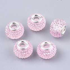 Pink Cmолы Rhinestone Европейский бисером, бусины с большим отверстием, с латунными двойными ядрами, платиновый оттенок, AB цвет, рондель, Берри бисера, розовые, 14x10 мм, отверстие : 5 мм