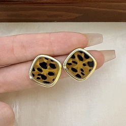 Золотой Серьги-гвоздики из латуни и смолы, квадрат с леопардовым узором, золотые, 20x20 мм