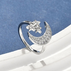 Платинированный Манжеты из латуни с микро паве кубический цирконий для женщин, без кадмия, без никеля и без свинца, Луна и звезды, Реальная платина, размер США 6 (16.5 мм)