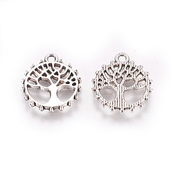Antique Silver Tibetan Style Zinc Alloy Pendants, Flat Round with Tree, Antique Silver, 17.5x15x2mm, Hole: 1.6mm