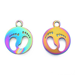 Rainbow Color Ion Plating(IP) 201 Stainless Steel Pendants, Flat Round with Footprints, Rainbow Color, 18.5x15x1.5mm, Hole: 1.8mm