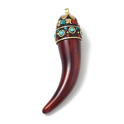 Dark Red Brass & Resin & Polymer Clay & Natural Shell Big Pendants, Horn Cornicello Charm, Dark Red, 91~93.5x22.5~24x23.5~24.5mm, Hole: 4~4.5x4.5~5mm