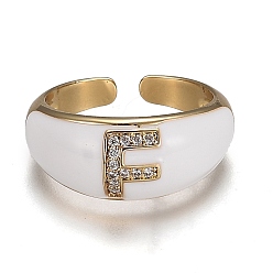 Letter F Brass Micro Pave Clear Cubic Zirconia Cuff Rings, Open Rings, with Enamel, Cadmium Free & Lead Free, Golden, Letter.F, US Size 7 1/4, Inner Diameter: 17.6mm