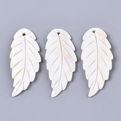 WhiteSmoke Freshwater Shell Big Pendants, Leaf, WhiteSmoke, 58~59x24.5~26x2~2.5mm, Hole: 2mm
