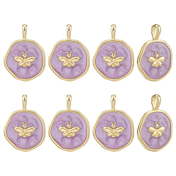 Настоящее золото 18K 8 кулоны латунные эмалевые шт., плоские круглые с пчелой, сирень, долговечный, реальный 18 k позолоченный, 18.5x13.5x3 мм, отверстие : 4x2.5 мм