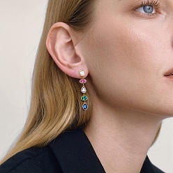 Разноцветный 304 Овальные серьги-гвоздики из нержавеющей стали с кисточкой в форме капли, золотые, с кубического циркония, красочный, 45x6~7 мм