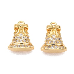 Настоящее золото 18K Подвески из латуни с прозрачными кубическими цирконами и паве на рождественскую тематику, рождественские колокольчики, реальный 18 k позолоченный, 13x10.5x4 мм, отверстие : 1 мм