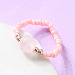 Розовый Кварц Кольца из натурального розового кварца, со стеклянными бисеринами, Размер 8, 18 мм