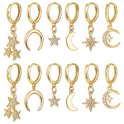 Золотой 6 пары латунных серег-колец с микропаве из прозрачного кубического циркония, звезда и луна, золотые, 27~37 мм
