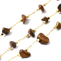 Тигровый глаз Цепочка из бисера ручной работы, с латунной кабельной цепью и чипом из натурального тигрового глаза, долговечный, пайки, золотые, 3~8x3~16 мм, 32.80 футов / рулон (10 м / рулон)
