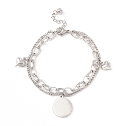 Stainless Steel Color Tarnish Resistant 304 Stainless Steel Chain Multi-strand Bracelet with Flat Round & Heart Charms for Women, Stainless Steel Color, 7-1/8 inch(18.2cm)