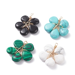 Mixed Stone Natural & Synthetic Gemstone Pendants, with Light Gold Tone Brass Wire Wrapped, Mixed Dyed and Undyed, Flower, 29x29x5.5mm, Hole: 3.5mm