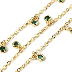 Морско-зеленый Латунные циркониевые кабельные цепи, с плоскими круглыми прелести, без свинца и без кадмия, долговечный, стойки покрытие, пайки, с катушкой, реальный 18 k позолоченный, цвета морской волны, 9.5 мм