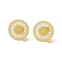 Golden 304 Stainless Steel Stud Earrings Finding, Hollow Flat Round, with Horizontal Loop, Golden, 16x14mm, Hole: 1.2mm, Pin: 0.85mm