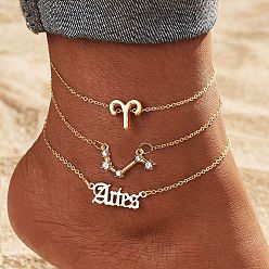 Овен Сплав кристалл горный хрусталь 3 слои созвездия звено цепи браслеты для лодыжки для женщин, золотые, Овен, 7-7/8~9-1/2 дюйм (200~240 мм), 3 шт / комплект