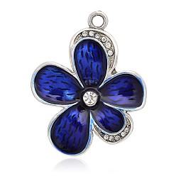 Marineblau Weinleselegierungs Emaille Blume große Anhänger, mit Strass-Kristall, Antik Silber Farbe, marineblau, 52x41x9 mm, Bohrung: 4 mm
