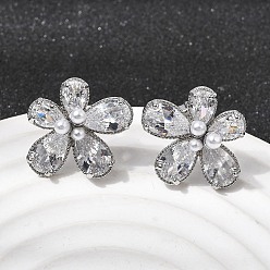 Платина Серьги-гвоздики из латуни с микро-паве и прозрачным фианитом, с abs имитационными жемчужными бусинами , долговечный, без кадмия и без свинца, платина, 16.5x19 мм