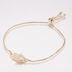 Pink Регулируемые латунные браслеты Боло, слайдерные браслеты, С синтетическим опалом и кубическим цирконием, hamsa рука / рука fatima / рука miriam, золотые, розовые, 8-3/8 дюйм (212 мм), 1 мм, 19.5x11.5x1.5 мм