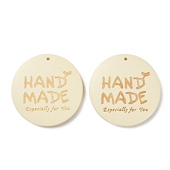 Бежевый Древесины подвески, плоские круглые подвески с надписью «ручная работа», бежевые, 39.5~40.5x5~5.5 мм, отверстие : 1.4 мм
