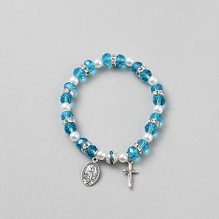 Озёрно--синий Браслеты из сплава с овальным крестом и подвеской в виде Иисуса., эластичные браслеты из стеклянных, пластиковых и стразовых бусин для женщин, Плут синий, внутренний диаметр: 2-1/4 дюйм (5.75 см)