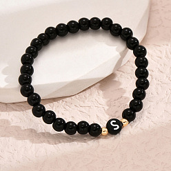 Letter S Браслеты из литой смолы с круглыми бусинами, плоские круглые с буквы, чёрные, золотые, Письмо с, 7-1/8 дюйм (18 см)